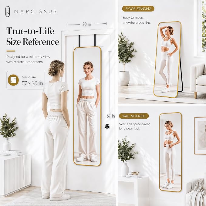 NARCISSUS Full Length Mirror 57x20 Inch, Over The Door Mirror with Stand, Wall Mounted or Freestanding/Door Hanging Full Body, Aluminum Alloy Frame, Gold - Image 3