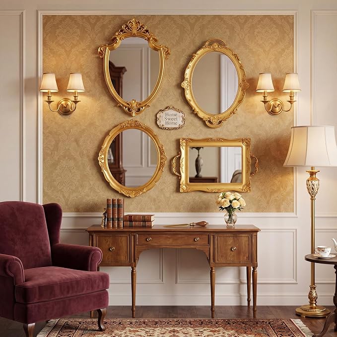 Beeveer 4 Pcs Vintage Gold Wall Mirror Set Luxury Gallery Wall Mirror Decorative Hanging Antique Decor for Living Room Entryway Wedding Bedroom Bathroom Victorian Decor (Classic,Gold) - Image 4