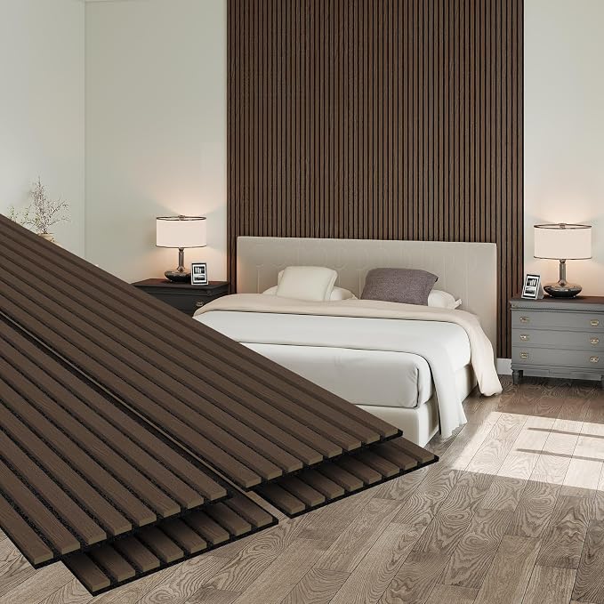 MISSDAY Wood Slat Acoustic Wall Panels, 4 Packs 94.5" x 12.6" Dark Walnut Soundproof Panel For Interior Wall Decor Noise Absorbing-3D Textured Wooden Panel Sound-Absorbing for Home, Office, Studio by MISSDAY