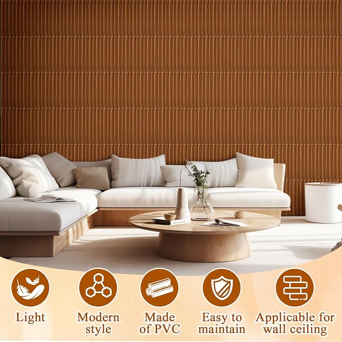 Nuanchu 32 Pcs 3D Wall Panels, 12"x12" PVC Fluted Tiles, Walnut | Waterproof Accent Panels, Paintable Wall Tiles, for TV Background, Bedroom, Bathroom, Gaming Room, Cuttable Home DIY Decor - Image 5