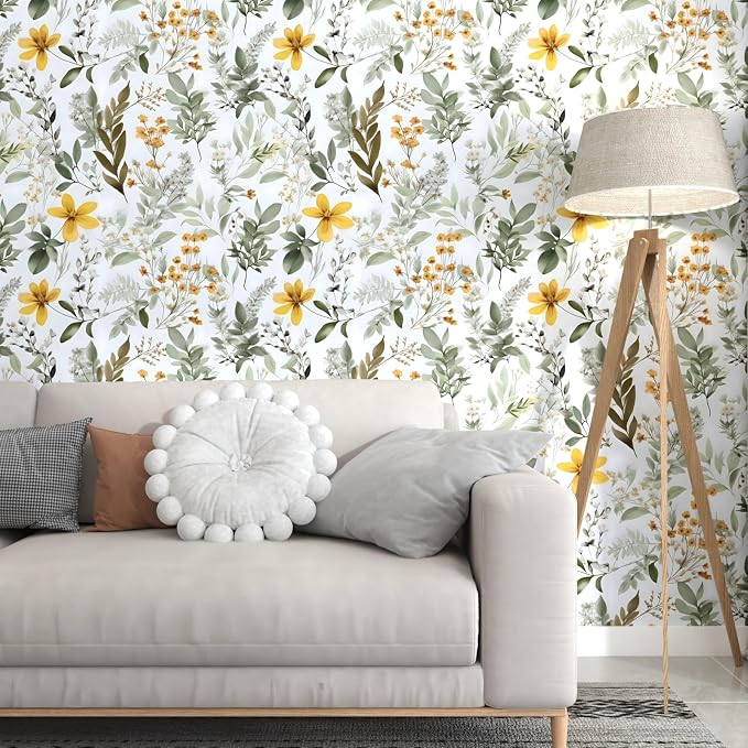 Laatse Vintage Green Yellow Wild Floral Botanical Wallpaper 17.5"x787" | Self Adhesive/Removable/Waterproof/Thick Vinyl Extra Long Contact Paper for Bathroom Bedroom Shelf Cabinet Drawer,Prepasted - Image 2