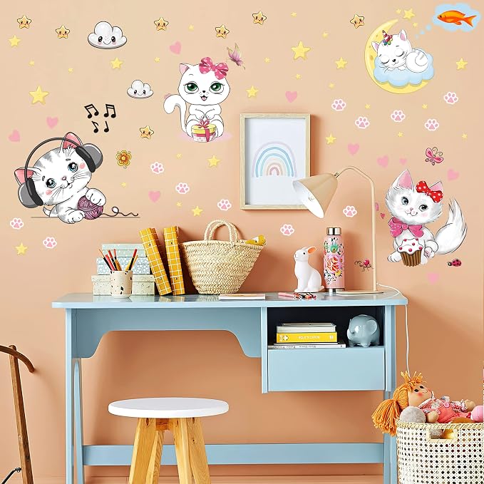 Glow in The Dark Stars for Girl's Room, Glowing Cats Cartoon Wall/Ceiling Decals, Kitten Butterflies Stickers for Kids Bedroom, Luminous Wall Decor for Nursery (Blue) - Image 5