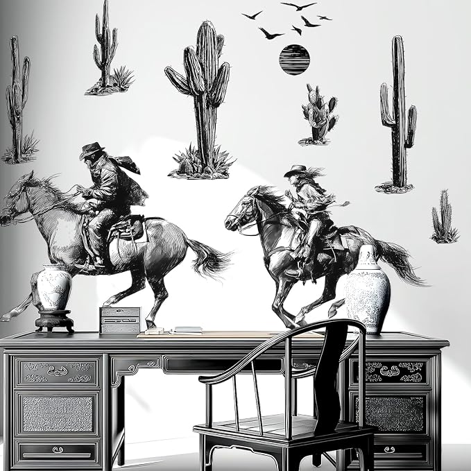 Vintage Western Cowboy Cactus Wall Decals, Black Sketch Desert Wall Sticker | Saguaro cactus peel and stick wall decor, removable vinyl wall art mural for bedroom farmhouse entryway home decoration - Image 3