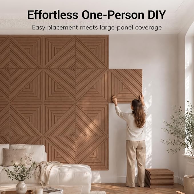 TONOR Acoustic Wall Panels Peel and Stick, 6 Pack 23.6''x23.6''-23.25 sq.ft. High-Density Acoustic Wood Panels Alternative. Soundproof Wall Panels for Interior Wall Decor, Home, Bedroom, Walnut - Image 3