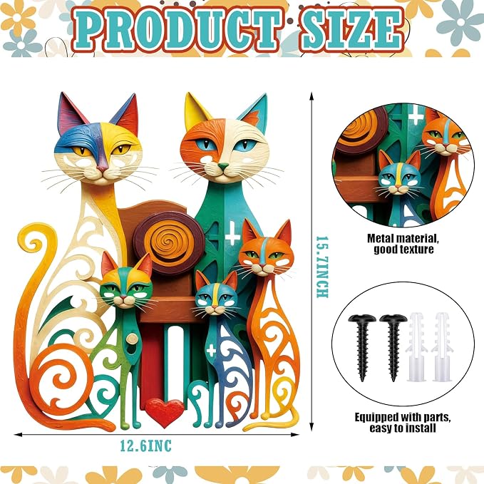 Wesiti Cat Wall Art Colorful Metal Sculpture, Mid Century 5 Cats Iron Decor | Atomic Retro Design for Feline Enthusiasts, Geometric Style Adds Flair in Living Room Bedroom, 12.6 X 15.7 Inches - Image 2
