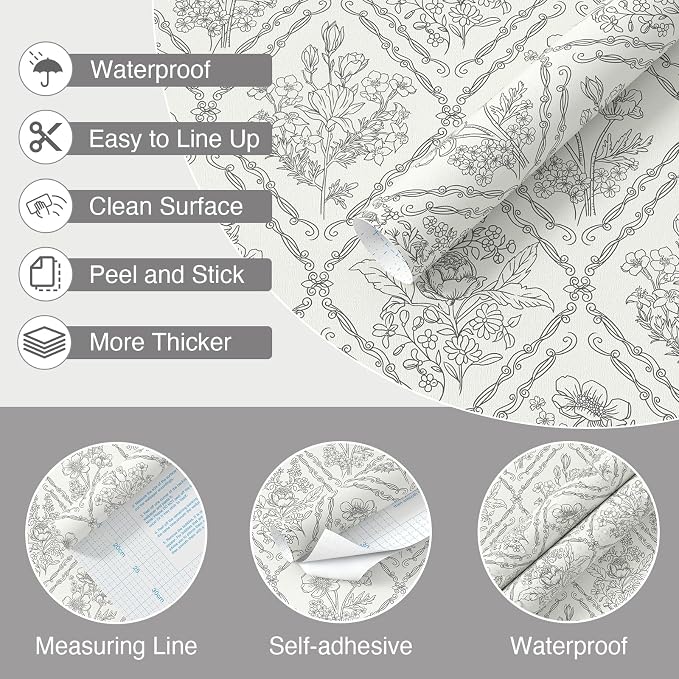 Toduso Peel and Stick Wallpaper Vintage Wall Paper Black and Cream White Contact Paper Removable Wallpaper for Kitchen Bathroom Bedroom Floral Waterproof Self Adhesive Vinyl Drawer Decor 17.3"x196.8" - Image 5