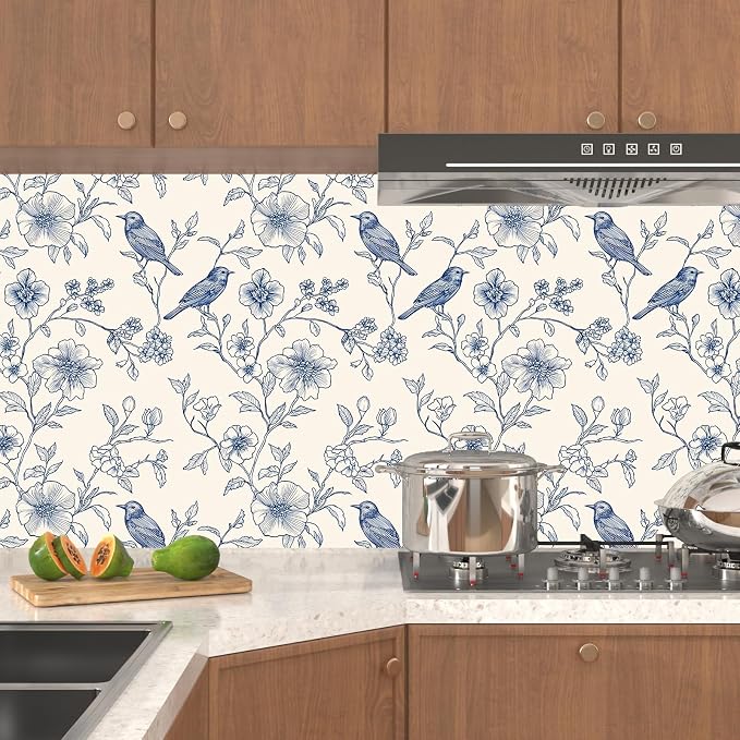Laatse Floral Bird Vintage Wallpaper Peel and Stick 17.5" x 393",Beige | Self Adhesive/Removable/Waterproof/Thick Vinyl Contact Paper for Bathroom Bedroom Shelf Cabinet Drawer,Prepasted,Easy Peel - Image 3
