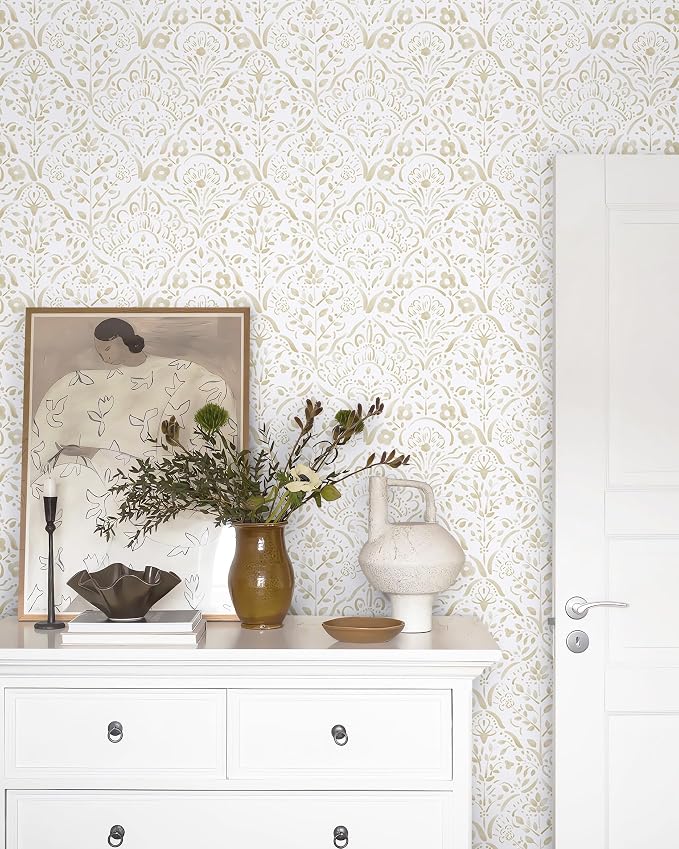 Dimoon Boho Peel and Stick Wallpaper Beige Brown Floral Contact Paper Vintage Damask Watercolor Wall Paper 78.7''x17.3'' Textured Removable Stick On Wallpaper for Bedroom Bathroom Kitchen Decor Vinyl - Image 2