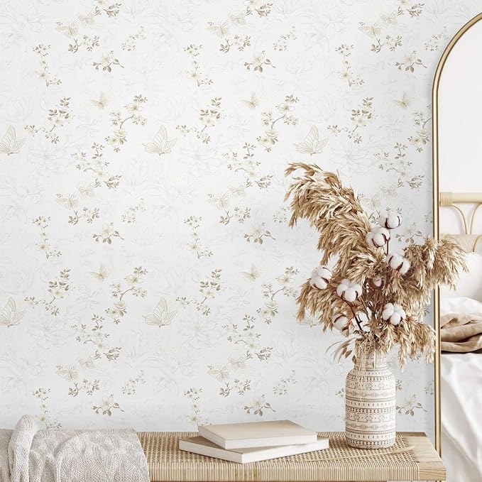 Ismoon 17.3"x393"Peel and Stick Wallpaper Boho Vintage Floral Wallpaper Beige/Brown Butterfly Contact Paper for Cabinets Removable Self-Adhesive Wall Paper Bedroom Covering Wall Decorative Vinyl - Image 5