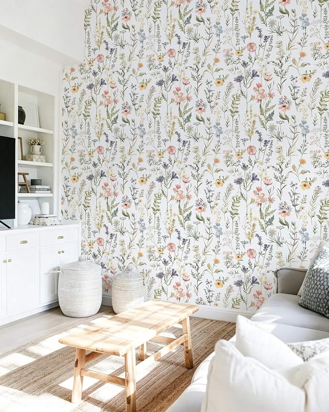 Dimoon Boho Peel and Stick Wallpaper White Floral Contact Paper 17.3x197in |Purple Wildflower Botanical Renter Friendly Removable Self Adhesive Stick on Wall Paper Decor for Bathroom Bedroom Vinyl - Image 9