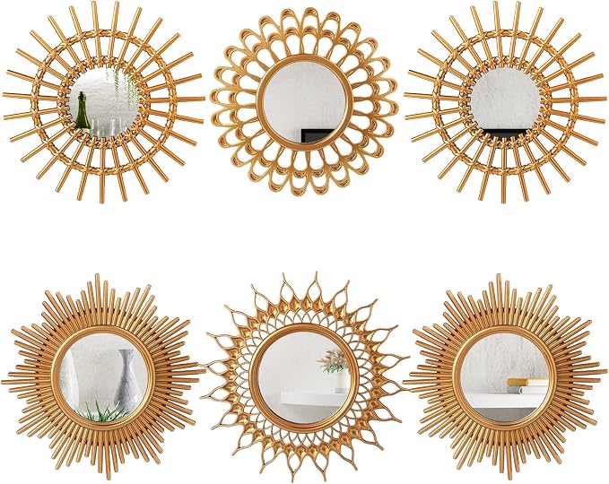Namalu 6 Pcs Sunburst Round Mirror for Wall Decor, Classic, Gold by Namalu