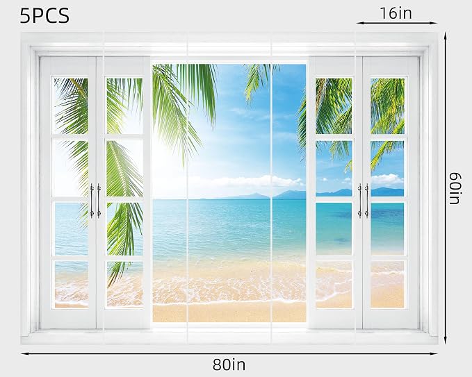 FLFK Fake Window Wall Mural - Tropical Ocean View Peel and Stick Decal, 80 x 60 inches, Set of 5 Sheets - Image 3