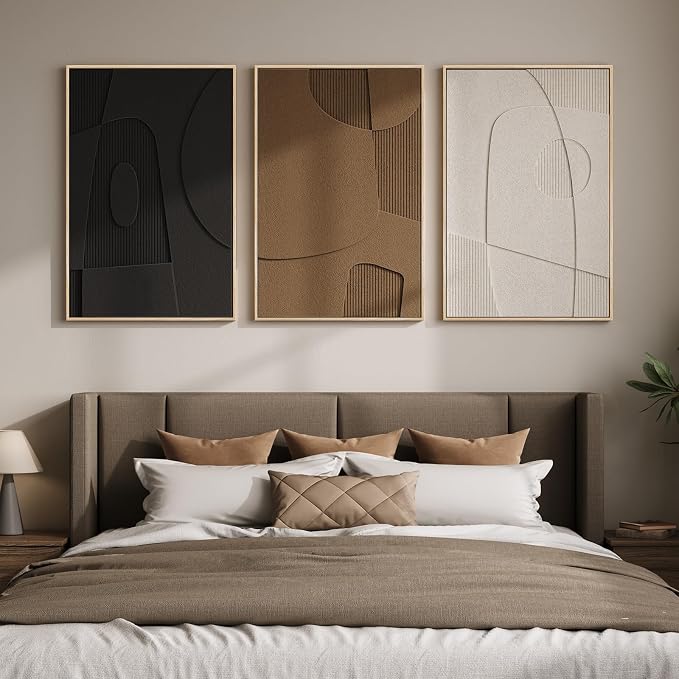 3D Textured Large Framed Abstract Wall Art for Living Room, 3Piece 24x36 In | Wood Frames, Neutral Black White Brown Sandstone Paintings, Modern Artwork for Walls, Geometric Wall Decor Bedroom Office - Image 4