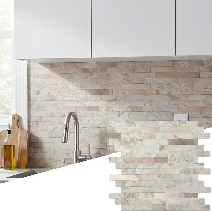Yipscazo 2026 New Upgrade 11.34" X 11.57" Peel and Stick Backsplash, Stick on Backsplash Tiles for Kitchen, Bathroom, Fireplace (10 Sheets, Beige Rocks + Rose Gold) by Yipscazo