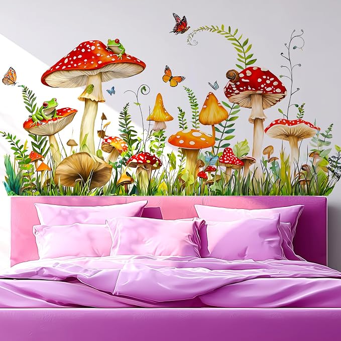 Mushroom Frog Butterflies Grass Woodland Forest Wall Decals Decor Stickers | Red spotted mushrooms fern leaves peel and stick wall stickers mural, removable vinyl wall decoration for living room bedroom - Image 5