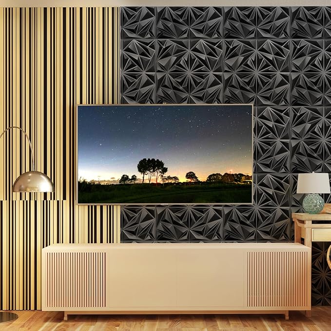 STICKGOO Black 3D Wall Panels, 12''x12'' Diamond, 33 Pack | Accent Wall Panels for Interior Wall Decor, Living Room, Bedroom, TV Background, Office, Cover 32 Sq.Ft - Image 8