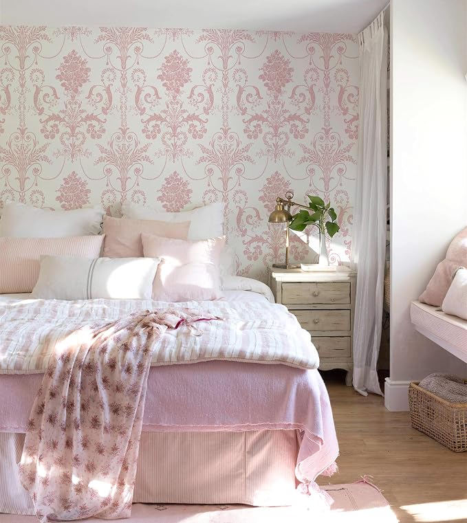 Damask Floral Peel and Stick Wallpaper Boho Pink and White Contact Paper | 17.3" X 118" Pink Damascus Decorative Wallpaper DIY Removable Self Adhesive Wallpaper for Bedroom Cabinets Covering Vinyl - Image 3