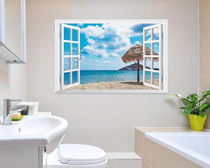 FLFK Fake Window Wall Mural - Ocean Beach Faux Window Wall Sticker for Wall Decor, Peel and Stick Wall Decals,48"x32",Set of 2 Sheets - Image 4