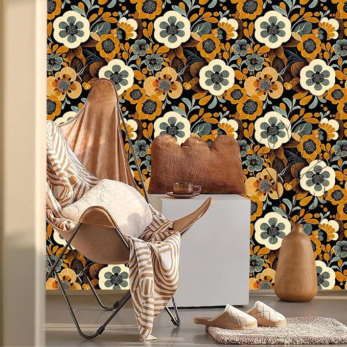 MuralPeel Boho Vintage Floral Orange Yellow Brown Flowers in Black Peel and Stick Wallpaper Self Adhesive Removable Easy Peel Off Contact Paper Stick on Wall Paper for Bedroom Cabinet Renter - Image 2