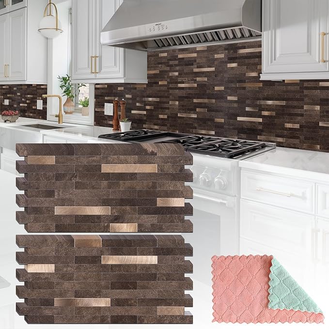StyloVue 20 Sheets Peel and Stick Backsplash for Kitchen, Dark Brown with Metal Gold Look Stick on Tile Upgrade Your Kitchen Backsplash, RV, Fireplace by StyloVue