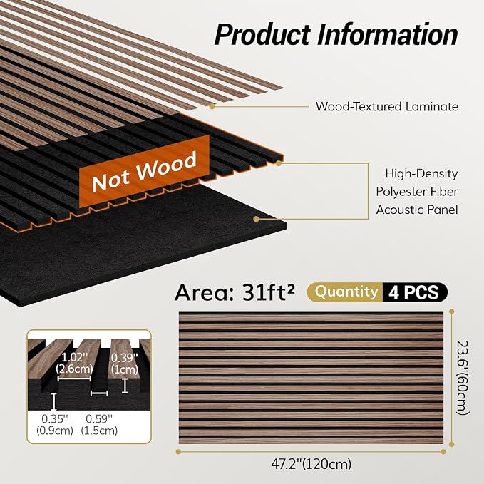 TONOR Dual-Layer Thickened Acoustic Wood Wall Panels Self Adhesive, 4 Pack 47.2"x23.6"x0.72" High Density Large Sound Proof Panels for Walls, Peel and Stick Wall Panels for Interior Wall Décor, Walnut - Image 2