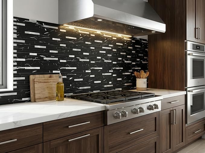 Yipscazo 20 Sheets Peel and Stick Stone Metal Tile Backsplash, Stick on Tiles for Backsplash Kitchen, Bathroom, Laundry Room, Camper, Fireplace (12'' X 12'', Pure Black) - Image 3