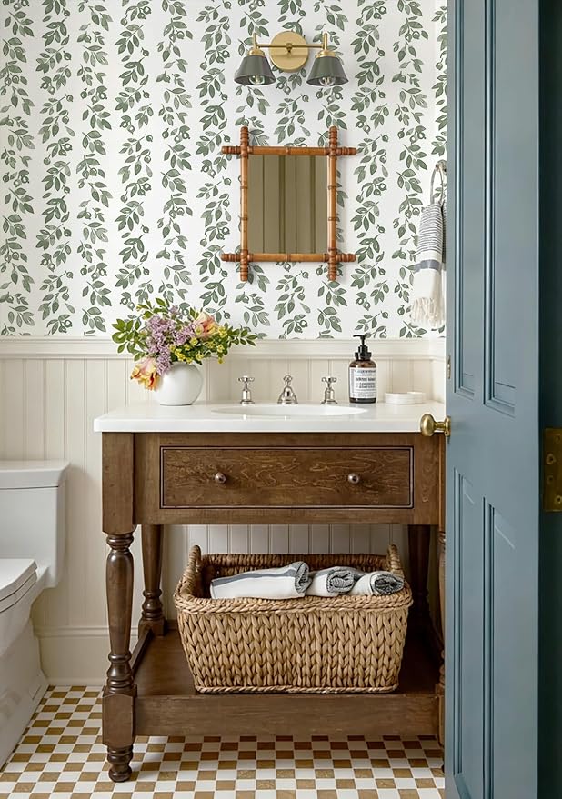 Heroad 17.3''x393'' Green Wallpaper Vintage Peel and Stick Wallpaper Leaf Contact Paper Cottage Core Wall Paper Self Adhesive Removable Wallpaper for Bathroom Bedroom Kitchen Watercolor Decor Vinyl - Image 4