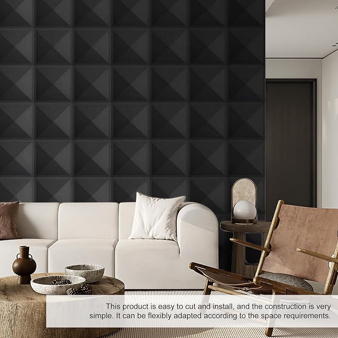 12 Pack 3D Wall Panels for Interior Wall Decor, Accent Wall Panels for Office Living Room Bedroom Hotel Lobby, 12''x12'' PVC Pyramid Wallpapers Cover 12.Sq.Ft（Black） - Image 7