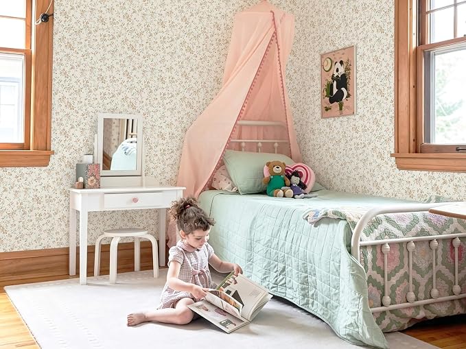 Peel and Stick Wallpaper for Nursery Brown Cherry Blossom Waterproof | 197"×17.3" Latte Brown Floral Vintage Wallpaper Gentle Accent Wall Decor with Grid Lines for Bedroom Vinyl Self-adhesive - Image 6