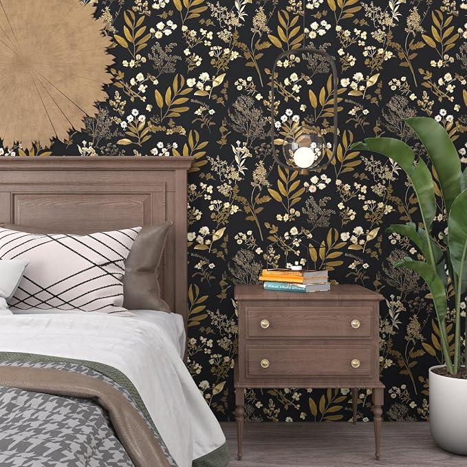 Laatse Vintage Floral Peel and Stick Wallpaper 17.5"x 393", Gold Black | Self Adhesive/Removable/Waterproof/Thick Vinyl Contact Paper for Bathroom Bedroom Shelf Cabinet Drawer,Prepasted,Easy Peel - Image 5