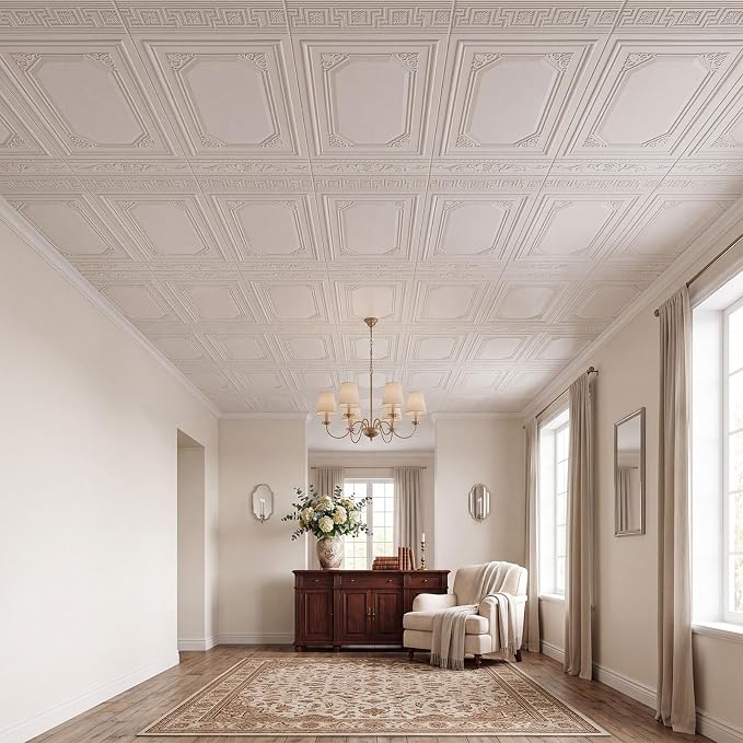Nuanchu 10 Pcs 35 x 28 Inch Ceiling Tiles Peel and Stick, Vintage | Foam White 3D Wall Panels 26-105.5 Sq. ft Adhesive Glue up Waterproof Wallpaper for DIY Office Home - Image 6
