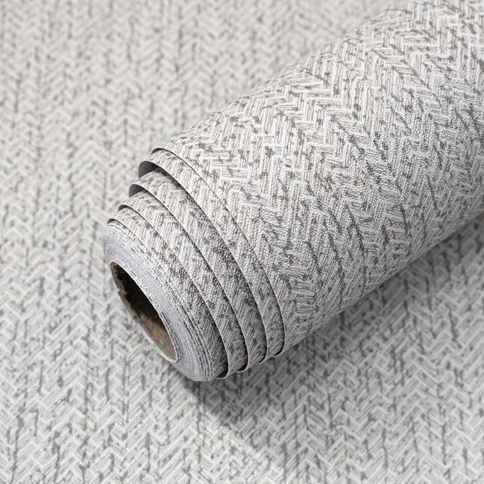 Grey Grasscloth Peel and Stick Wallpaper for Cabinets 16in x 393in | Faux Linen Vintage Wallpaper Textured Removable Wall Paper Grass Cloth Cabinets Bedroom for Cabinet Self Adhesive Vinyl by lenify