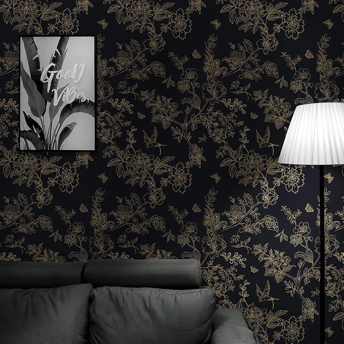 Froluya Black Gold Floral Wallpaper Peel and Stick Wallpaper 17.7in×118.1in | Dark Floral Contact Paper Peel and Stick Vintage Boho Birds Removable Self Adhesive Wallpaper for Bathroom Cabinets Vinyl - Image 8