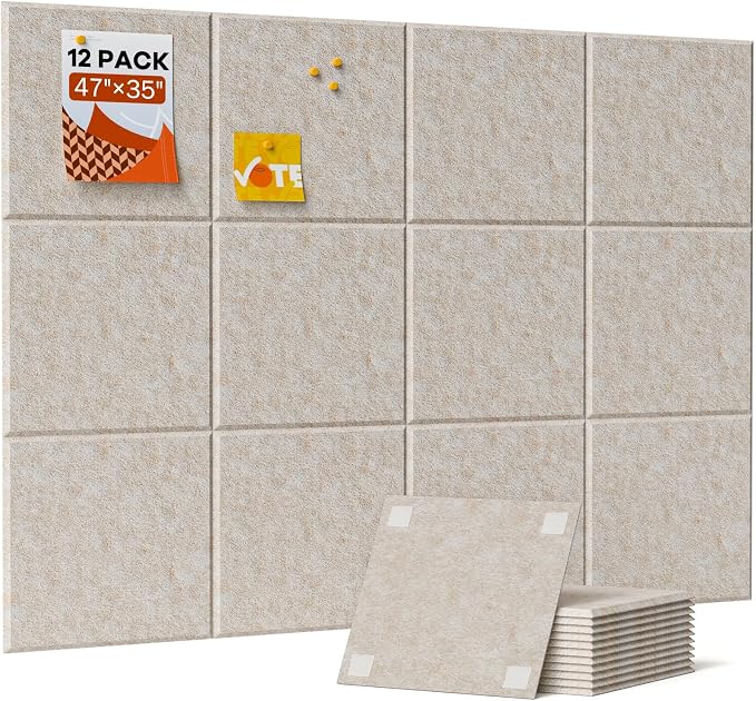 Soundsbay Square Soundproof Wall Panels 12 Pack with 60 Adhesive Tapes | 150kg/m³ High Density Covers 11.6 sq ft, Sound Proof Panels for Walls, Home Office, Recording Studio, Bedroom 12" X 12" Beige by Soundsbay
