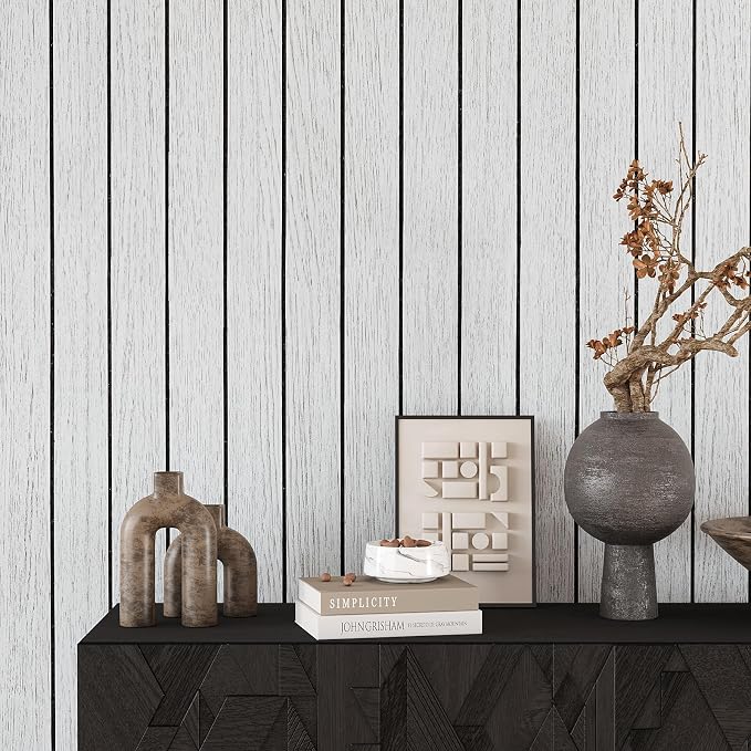 VEELIKE Whitewashed Wood Slat Wall Panels Peel and Stick Wood Wall Panel for Interior Wall Decor TV Background 118''x30'' Wide Foam Slat Vinyl Roll Wooden Contact Paper for Bedroom Living Room Ceiling - Image 4