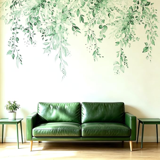 Mint Green Plants Leaves Wall Decals Peel and Stick, Large Floral Flowers Vinyl Wall Stickers, Removable Vine Home Decor Art for Bedroom Living Room Classroom Office by VePret