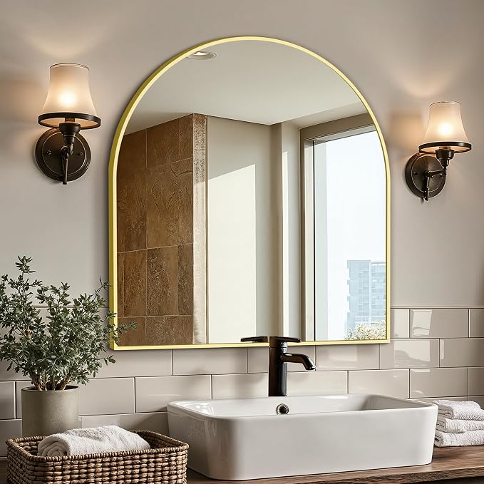 Arched Bathroom Vanity Mirror for Over Sink, 32”x30”, Gold by LawadaMirror