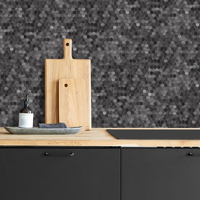 Select 5 Pack Hexagon Peel and Stick Backsplash Tiles, Brushed Black | Self Adhesive Metal Backsplash Stick On Aluminum Tiles for Kitchen Bathroom, 12” x 12” Wall Tiles w/10 Edge Pieces - Image 9