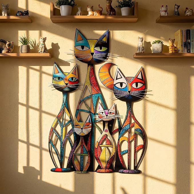 Wesiti Cat Wall Art Metal Decor Colorful Retro Mid Century 10.6x15.7 in | Iron Sculpture for Cat Lovers, Geometric Design for Living Room Bedroom Kitchen Office, Adds Retro Artistic Personality - Image 4