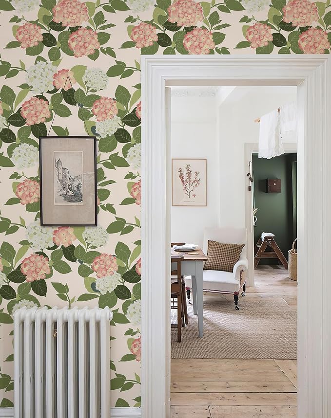 Floral Peel and Stick Wallpaper Self Adhesive Hydrangea Wall Paper French Country Cream Stick on Wallpaper for Bedroom Wall Decor Elegant Mural (Blush Hydrangea, 472.44“ X 17.4") - Image 4
