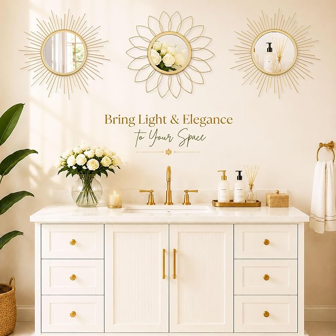 3 Pack Metal Mirrors for Wall Sunburst Wall Mirrors Home Décor Decorative Hanging Wall Art for Living Room Bedroom Entryway (Gold, Flower+Sunburst) - Image 8