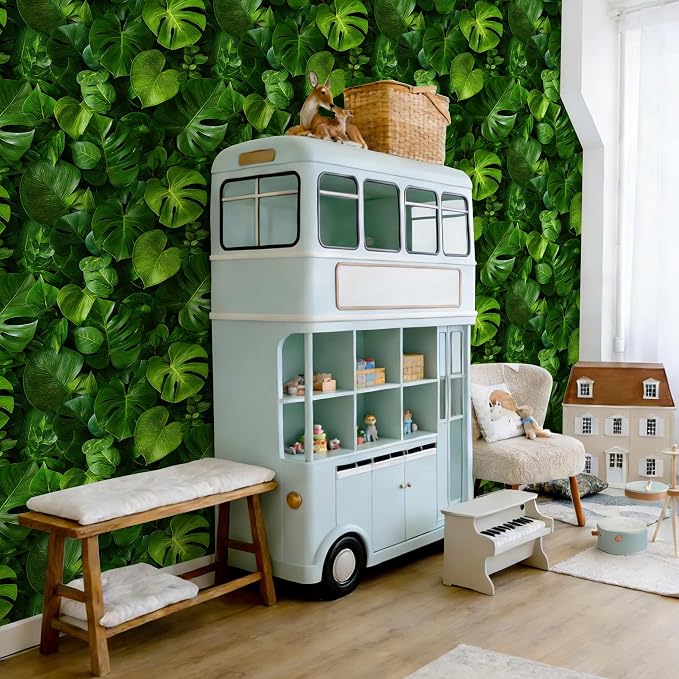Vintage Tropical Monstera Botanical Peel and Stick Wallpaper | Rich glossy green monstera tropical leaf print, Removable waterproof vinyl wall covering, bedroom accent wall decor - Image 2