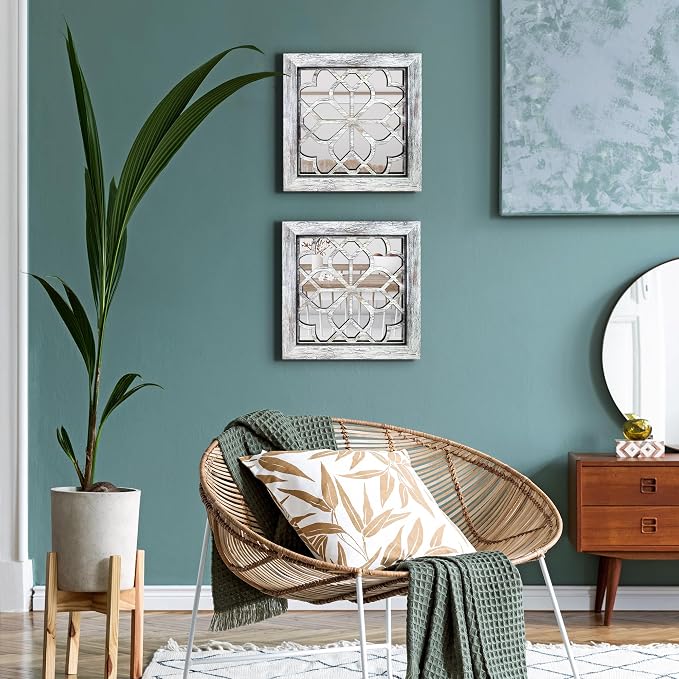 Set of 4 Boho Wall Mirrors with Carved Floral Design, 12x12 Inch Rustic Farmhouse Accent Mirrors, Vintage Style Shatterproof Square Mirror Decor for Living Room, Bedroom(Grey) - Image 3