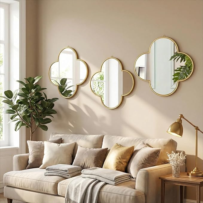 DECANIT Decorative Wall Mirrors Set of 3,Gold Clover Hanging Mirrors with Scalloped Frame for Living Room, Bedroom & Entryway, Accent Wall Decor - Image 4