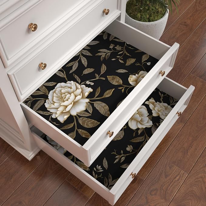 Laatse Dark Golden White Peony Floral Wallpaper Peel and Stick 17.5"x118" | Self Adhesive/Removable/Waterproof/Thick Vinyl Contact Paper for Bathroom Bedroom Shelf Cabinet Drawer,Prepasted,Easy Peel - Image 5