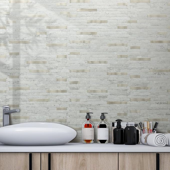 AULIGET 20 Sheets Faux Stone Peel and Stick Backsplash, Beige Stone Look PVC Wall Tile Stick on Backsplash for Kitchen and Bathroom - Image 5