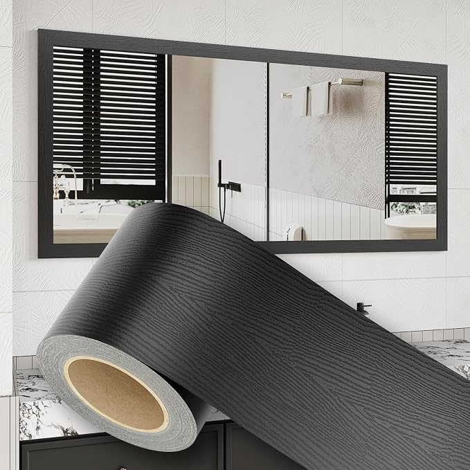 10M Peel and Stick Wallpaper Borders 390” x 2.36” Self Adhesive Mirror Frame Border Wood Grain DIY for Kitchen Bathroom Mirror Removal Border Sticker Wall Decor Cover 6.4 Sq.Ft, Black Wood by HomeUpgradeMadeSimple