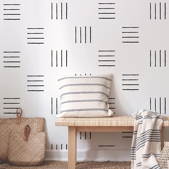 4-Line Black Wall Decals with a Template, Boho Scandinavian Décor | 200 matte black strips to craft a stunning boho Scandinavian accent wall. Guide included for hallway, bedroom, living room. by SHYJSHYJINSPIRED-PEELSTICK