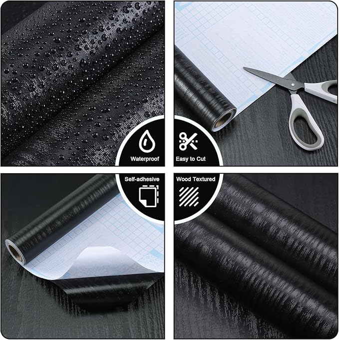 Vinjiasin Peel and Stick Wallpaper Black Wallpaper Black Wood Contact Paper Self Adhesive Removable Wood Wall Paper Waterproof Vinyl for Countertop Cabinet Desk Furniture Decorative 23.2" x 118" - Image 4