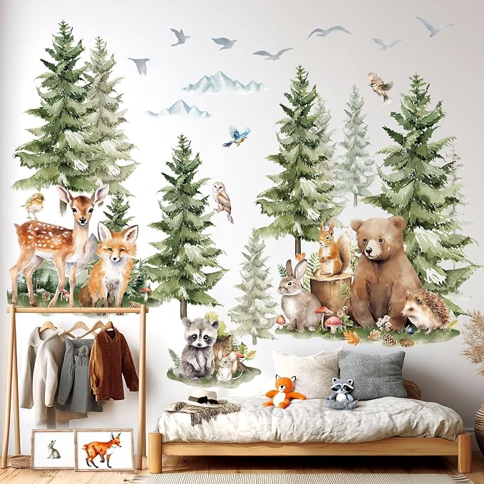 DECOWALL Large Watercolor Pine Tree Woodland Animals Wall Decals (SG4-2422) - Image 4